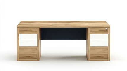 Light brown wooden desk with two drawers, one dark gray and one white