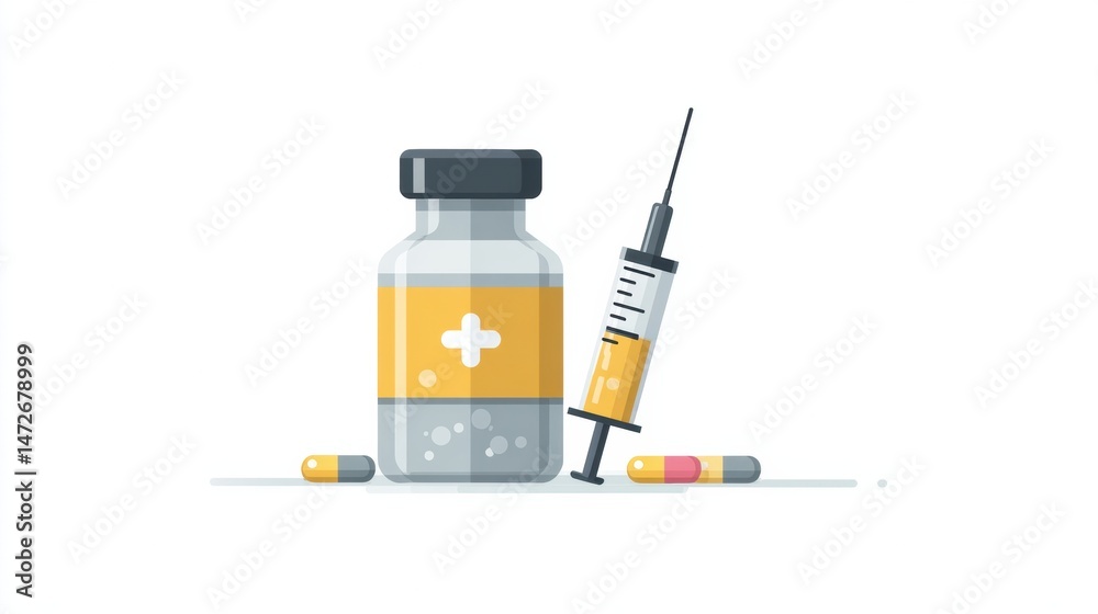 Poster vaccine bottle and syringe design with clean layout for healthcare applications and educational mate