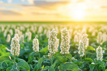 Sunlit sorghum field at sunset with blooming plants. Peaceful field of flowering plants during golden hour — ideal for spring planting, eco-awareness, or farm-related visuals.