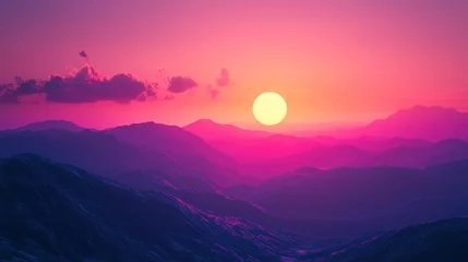 Selbstklebende Fototapeten Vibrant sunset over misty mountain range with colorful sky and rolling hills creating a serene and breathtaking natural landscape scene © Watcharaporn
