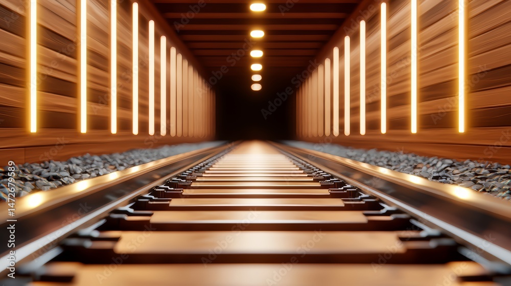 Fototapete Train track with a tunnel in the middle. The tunnel is lit up with lights, giving it a mysterious and eerie feel