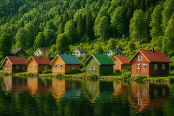 Fototapeta premium Colorful scandinavian cabins reflect in peaceful green lake with lush forested hillside in summer light