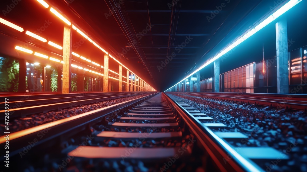 Poster train track with two different colored lights on it. the lights are orange and blue
