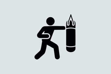 Simple black icon illustrates a person training with a boxing punching bag
