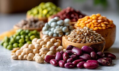 Varied legumes display in wooden bowls