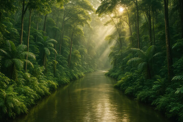 Obraz premium Sun rays filter through rainforest canopy lighting peaceful river flowing gently through lush green jungle
