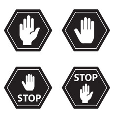 Set of Stop street icon collection. Stop hand sign with text. Red stop sign. Vector Illustration.