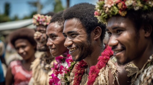 Fiji people portrait welcome visitors with Bula spirit they are talking together