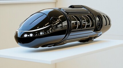 Sleek black futuristic vehicle, aerodynamic design, smooth surfaces, futuristic transportation concept