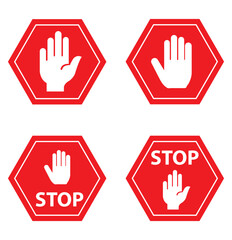 Set of Stop street icon collection. Stop hand sign with text. Red stop sign. Vector Illustration.