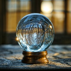 crystal ball reflecting tree and sky on wooden base for use in mystical themes and peaceful nature designs