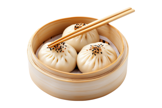 Steamed dumplings in bamboo steamer with wooden chopsticks placed on top, isolated on a white transparent background, concept of Asian cuisine