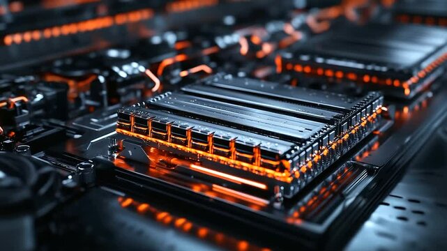 A precision-engineered lithium-ion battery module, showing copper busbars, insulated connectors, and embedded sensors, ensuring optimal power delivery for electric vehicles.