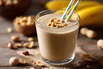 Delicious Peanut Butter Banana Smoothie with Ground Nuts and Striped Straws Served in a Glass on a Wooden Table with Fresh Bananas in the Background