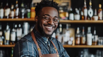 Smiling bartender wearing an apron, representing the spirit of small business entrepreneurship