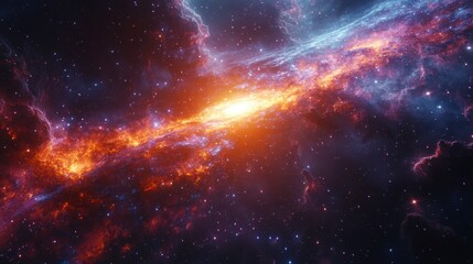 Vivid nebula with glowing center, speckled with starlight amidst cosmic dust and gaseous clouds