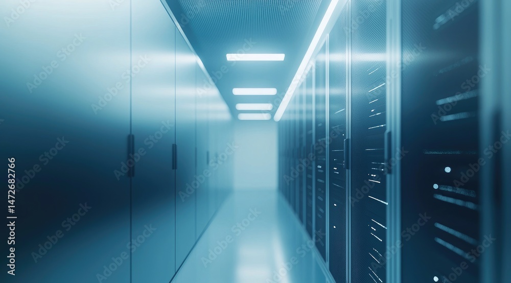 Aufkleber Minimalist data center hallway with sleek lighting and reflective surfaces, showcasing secure server storage design for modern cloud computing and IT infrastructure