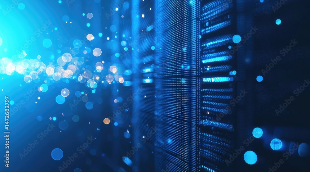 Poster Blurred blue bokeh overlays on digital server walls highlight virtual data streams and cyber communication, perfect for cloud computing and information systems themes