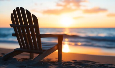 Wooden chair on a beach at sunset with the sun setting over the ocean