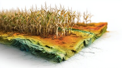 Drone imaging map overlay of corn stalk sample with cinematic depth of field and isolated white background
