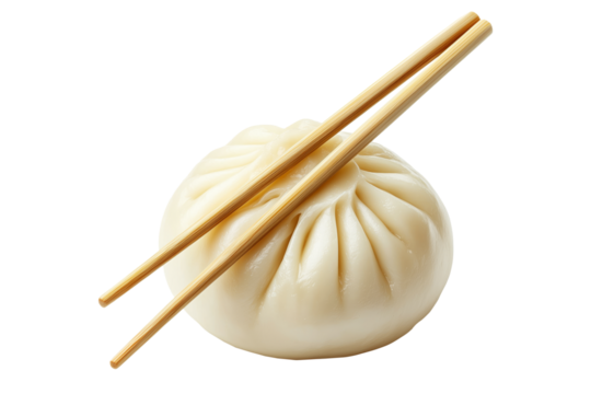 Traditional steamed Chinese bao bun with wooden chopsticks isolated on white transparent background, representing Asian cuisine and culinary culture
