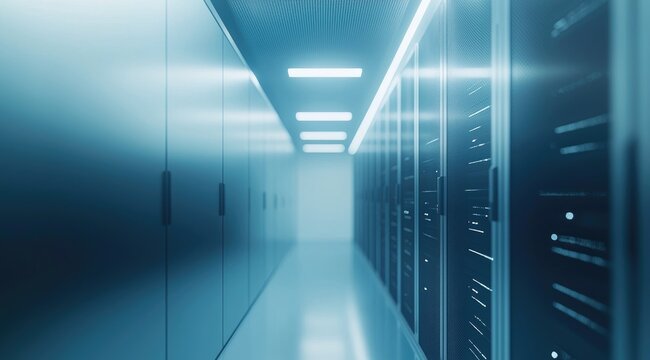 Minimalist data center hallway with sleek lighting and reflective surfaces, showcasing secure server storage design for modern cloud computing and IT infrastructure