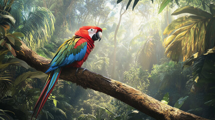 Colorful Rosella parrot perched on branch in lush green rainforest  