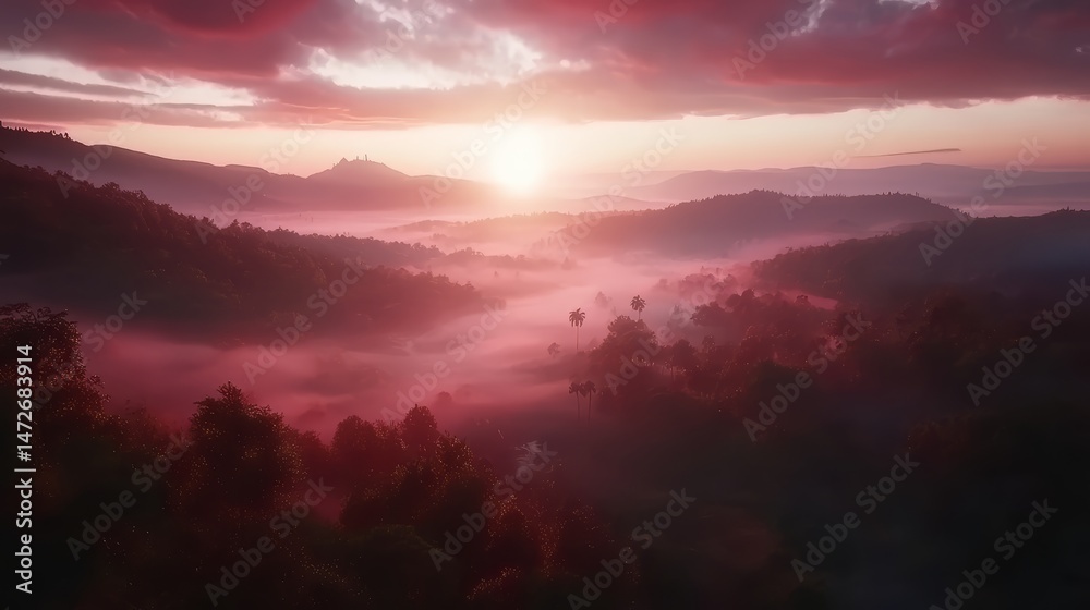 Poster beautiful mountain range with a red and pink sky. the sun is setting and the sky is filled with clou