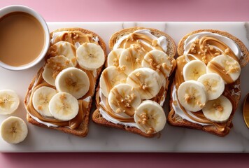 Delicious Peanut Butter Toasts Topped with Sliced Bananas and Honey Drizzled on a Marble Surface with Coffee on a Pink Background