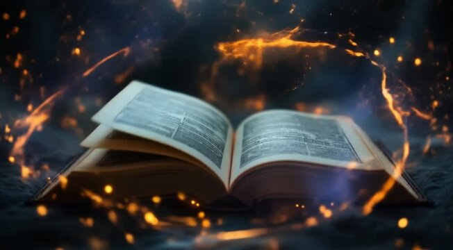 Open book with glowing fire illuminating pages on a dark mysterious background