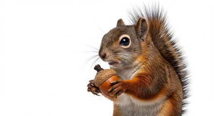 Obraz premium 愛らしいリスがどんぐりを食べる瞬間 白い背景で鮮明. AI Generated