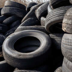 Obraz premium Stack of used tires, damaged and worn at junk yard