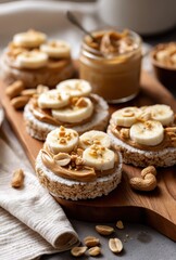 Delicious Rice Cakes Topped with Creamy Peanut Butter Slices of Fresh Banana and Chopped Nuts on Wooden Board with Natural Light