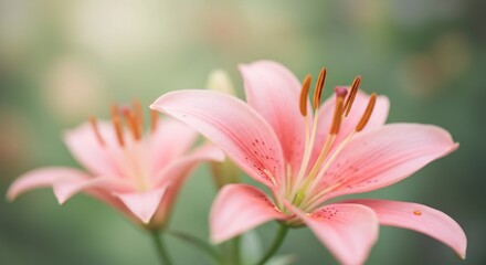 Fototapeta premium 柔らかな光に包まれた淡いピンクのユリ二輪. AI Generated