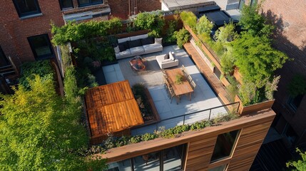 Naklejka premium Urban rooftop garden with modern design, seating area in a serene city setting
