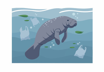 A manatee swims amidst plastic debris in a blue underwater scene. Illustrative style highlights the impact of pollution on marine life.  Visually striking and impactful.
