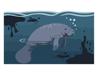 A serene illustration depicts a Florida manatee swimming amidst dark water pollution, highlighting the impact of waterway contamination. A clear, impactful visual.