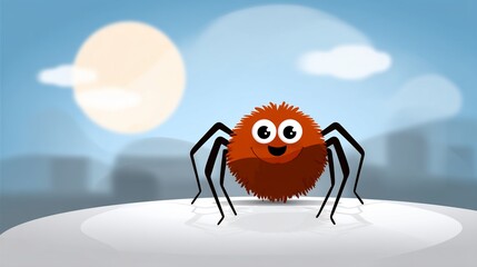 Fototapeta premium Cheerful fuzzy spider on a platform against a city backdrop