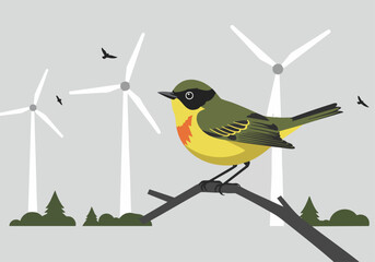 A vibrant warbler perches near wind turbines, illustrating migration challenges. Modern illustration style, clean composition, and a focus on environmental themes.