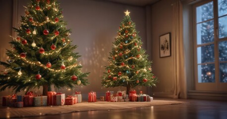 A Christmas tree's vibrant decorations shine amidst soft, twinkling lights, creating a magical scene ,  abstract,  merry christmas,  glow