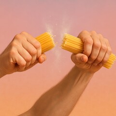 Breaking Raw Spaghetti Pasta with Both Hands Against a Colorful Background Before Cooking