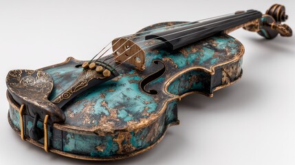Antique turquoise and gold violin with ornate detailing on white background.