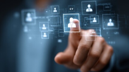 Businessman selecting candidate profile on digital touchscreen interface system.