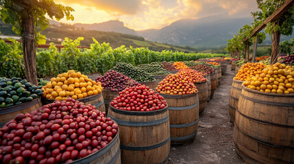 A vibrant vegetable market set amidst rows of vineyards, capturing the lively atmosphere of farmers selling fresh produce. The scene showcases a blend of agriculture, community, and the rich colors of