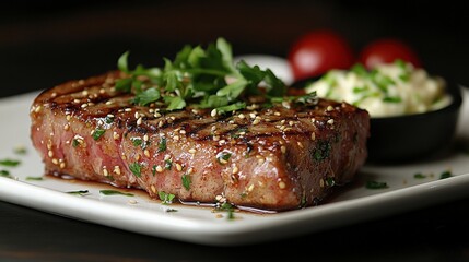 Grilled steak garnished with herbs and sesame seeds on a plate.