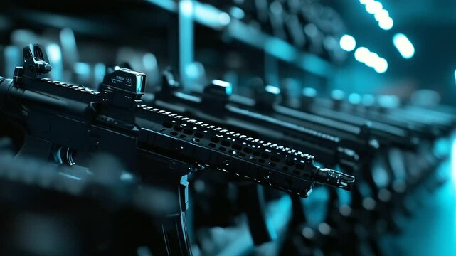 A row of high-tech military rifles resting on racks, their matte black finish absorbing the dim industrial light, emphasizing durability and tactical efficiency.