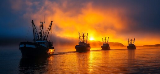 Fototapeta premium Fishing boats navigate a stunning sunset seascape filled with warm, radiant colors