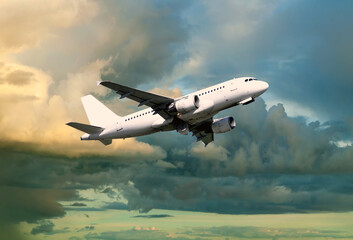 Airplane flying in the sky, travel background with airplane flying in the sunset sky, flying airplane background