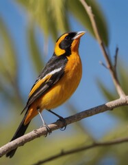 Vibrant yellow and black bird, oriole bird perched on a branch, showcasing its striking plumage against blurred natural background, highlighting beauty of wildlife in habitat, wildlife photography