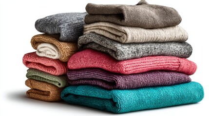 Stack of colorful folded knitted sweaters in various textures on white background.